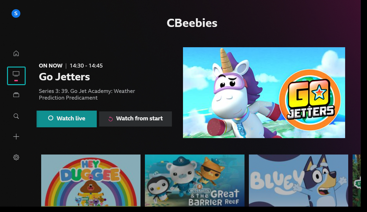 Image of the the channel page on the iPlayer TV app. The Channels menu on the left is highlighted and the options to watch live and Watch from the start are showing