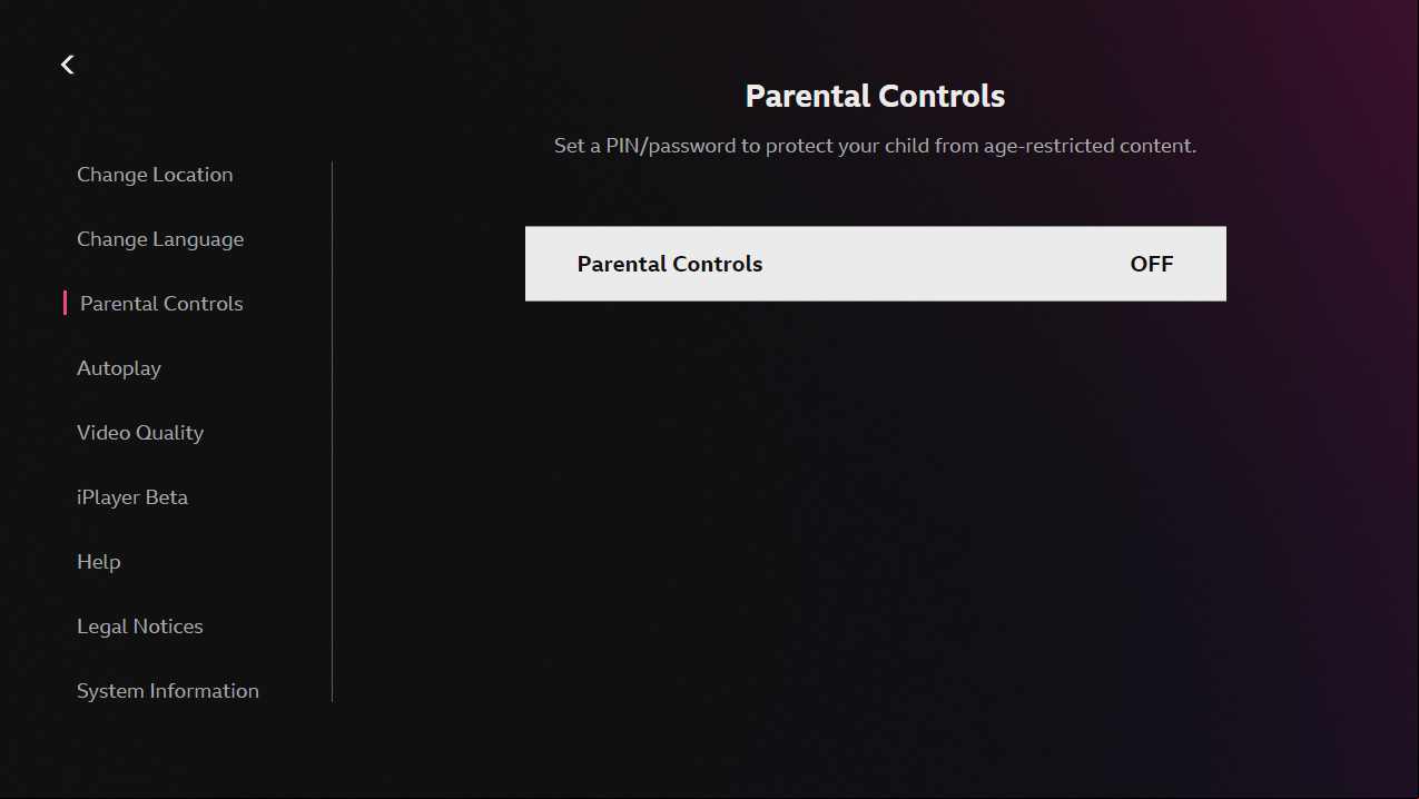 Image of the s menu on the BBC iPlayer TV app. The s button is highlighted