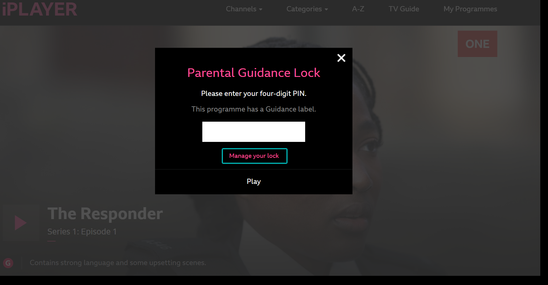 Image of the Parental Guidance PIN request screen with 'Manage Parental Guidance' highlighted underneath